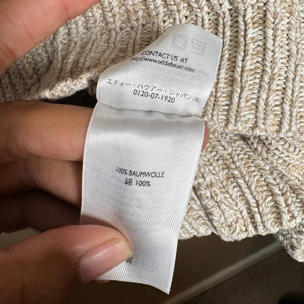 Eddie Bauer Mens XXL Beige Marled Cotton Heavy Chunky Knit Shawl Henley Sweater